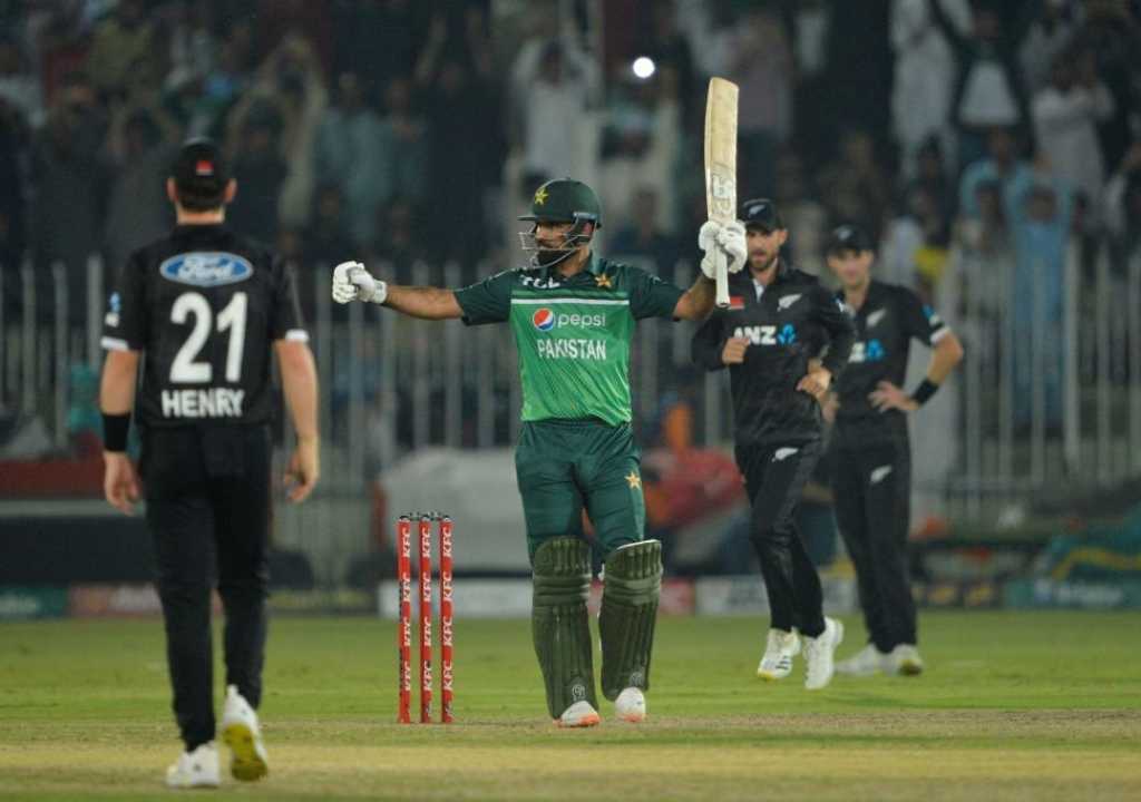 Pakistan's Fakhar Zaman celebrates after scoring 150 runs during the second one-day international cricket match