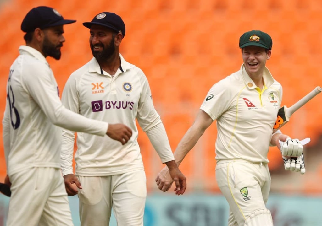 Steve Smith of Australia laughs with Virat Kohli and Cheteshwar Pujara In Test Match On March 13 2023